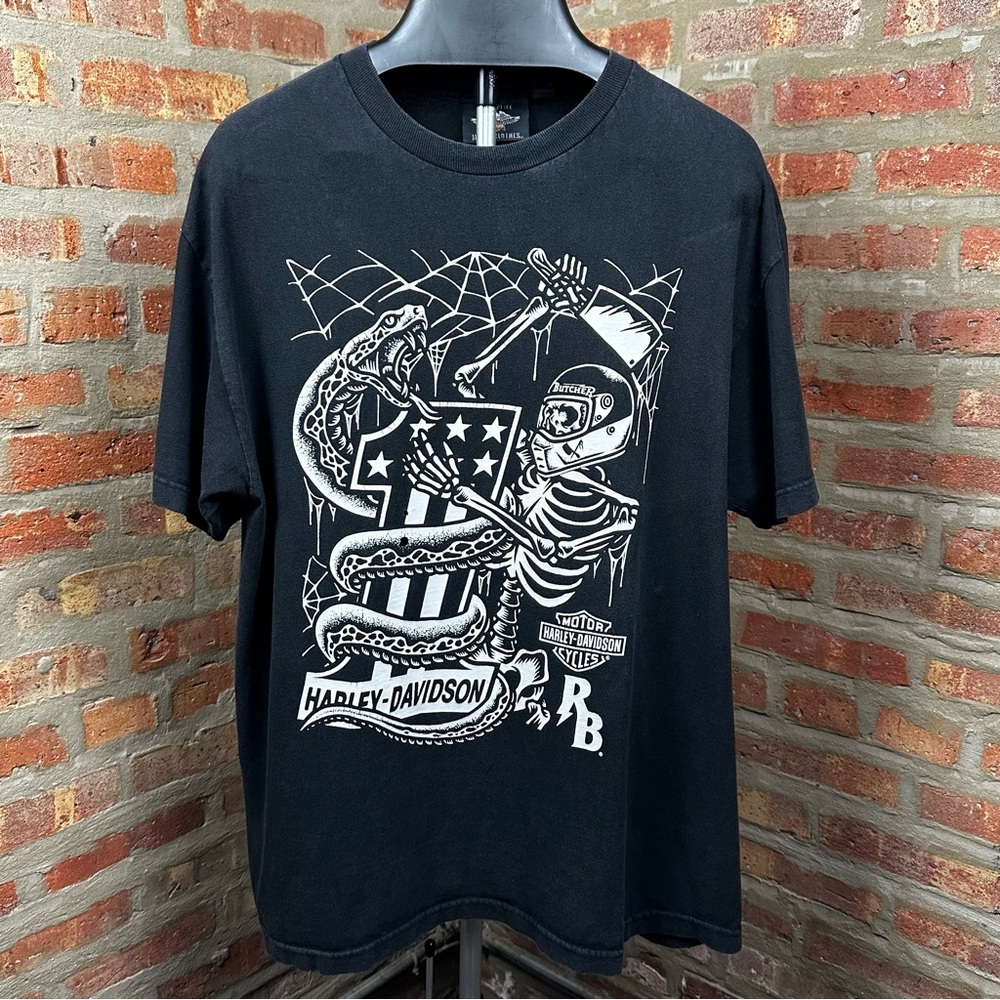 Vintage Y2K Edgy Harley Davidson x Rusty Butcher Mens Black T-Shirt Size X-Large